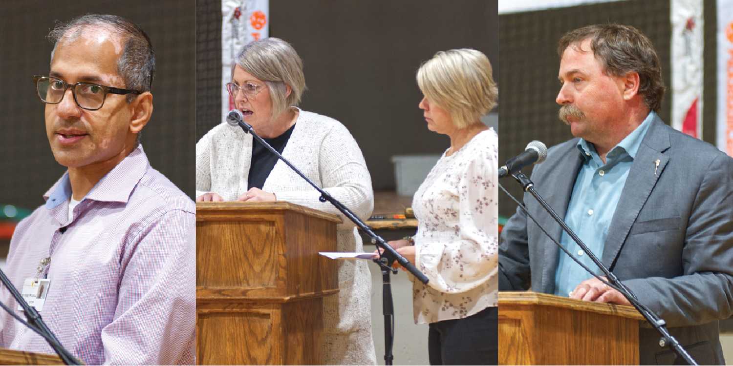 From left: Dr. Vijay Prabhu (Family Physician/Area Division Lead SE9), Tamara and Tara Brock present an update of events since the last town hall meeting in February, and Cannington MLA Daryl Harrison.